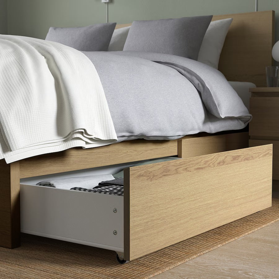 MALM Bed frame, high, w 2 storage boxes, white stained oak veneer/Luröy, 150x200 cm