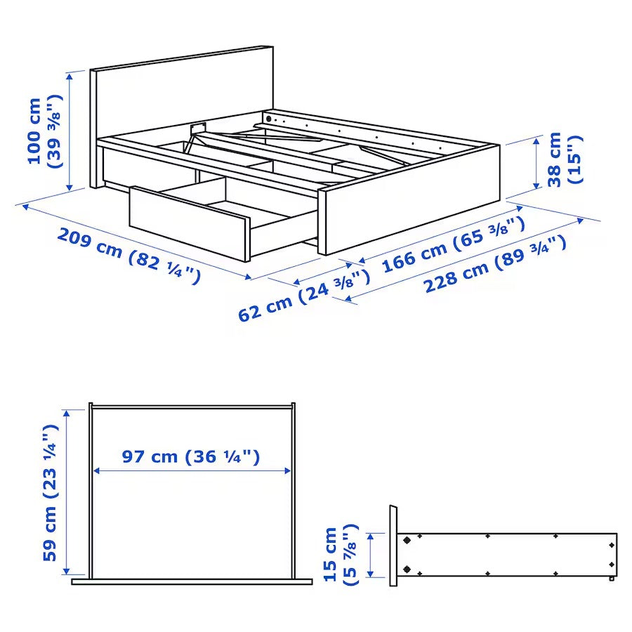 MALM Bed frame, high, w 2 storage boxes, white stained oak veneer/Luröy, 150x200 cm