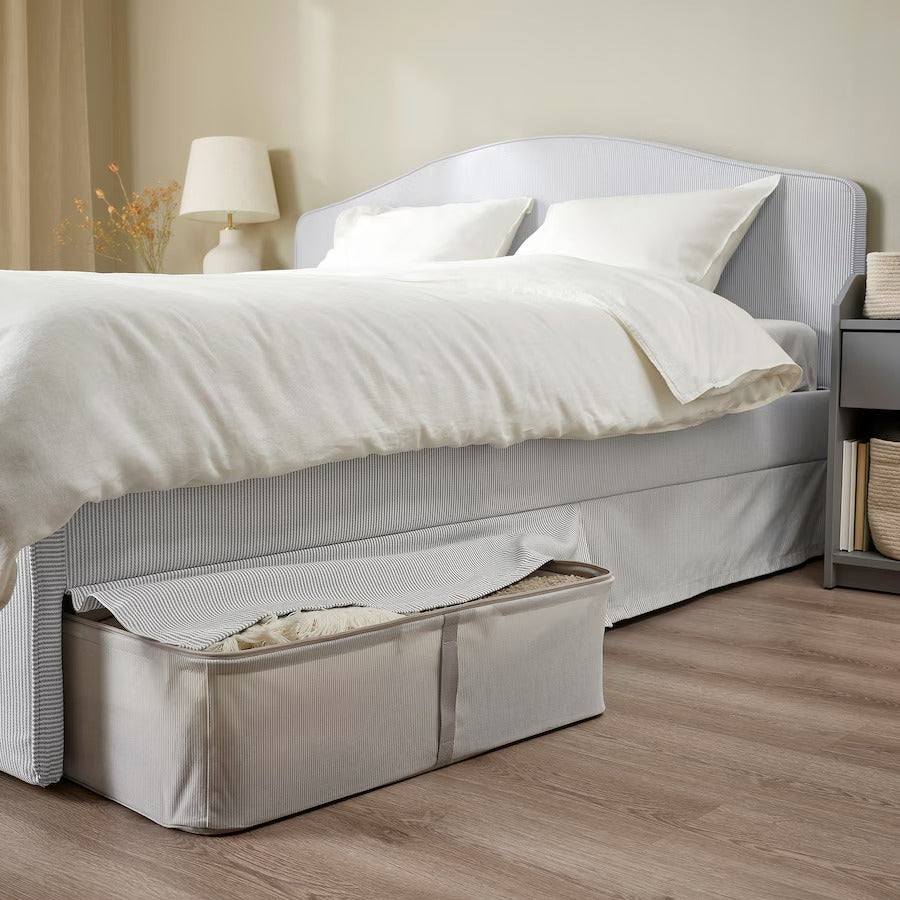 RAMNEFJÄLL Upholstered bed frame, Klovsta grey/white/Luröy, 180x200 cm