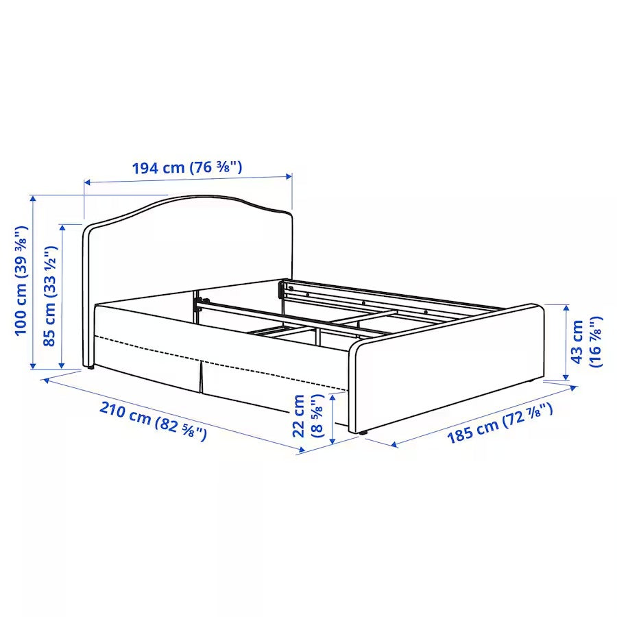 RAMNEFJÄLL Upholstered bed frame, Klovsta grey/white/Luröy, 180x200 cm