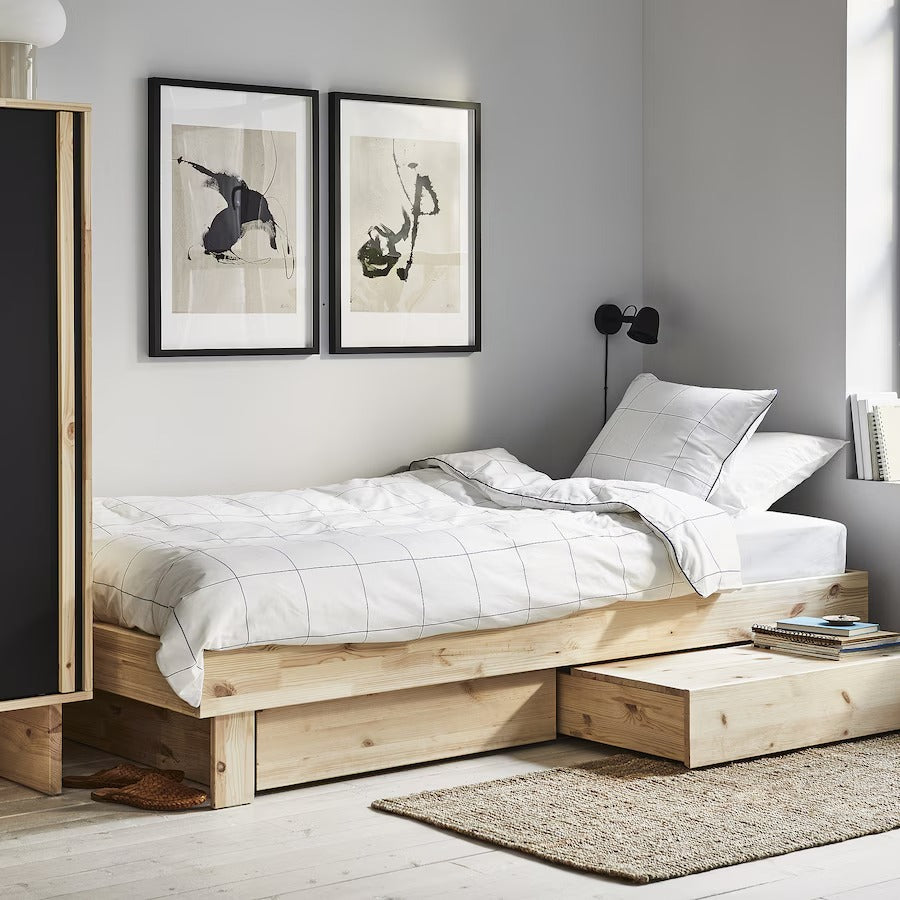 GLAMBERGET Extendable bed with storage, pine, 80-160x200 cm