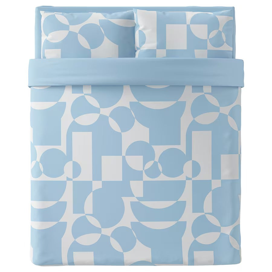 BRUKSVARA 4-piece bedlinen set, light blue/geometric, 240x220 cm