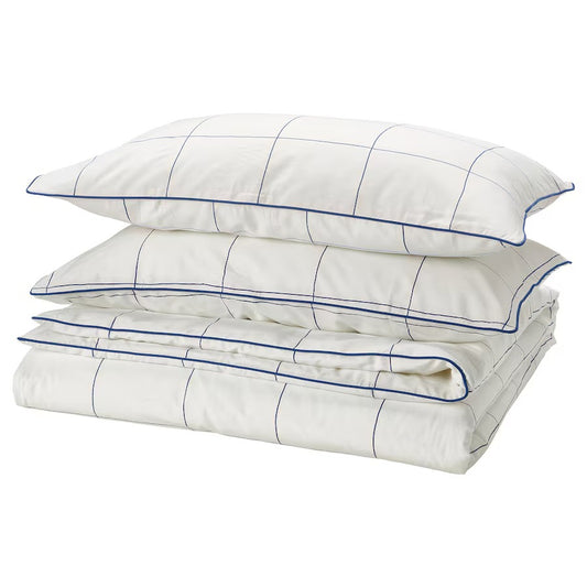 BREDVECKLARE Duvet cover and 2 pillowcases, white blue/check, 200x200/50x80 cm