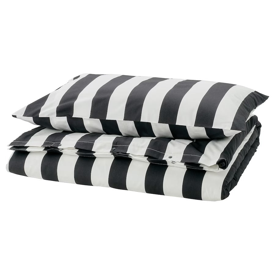 SLÅNHÖSTMAL Duvet cover and pillowcase, black/white/striped, 150x200/50x80 cm