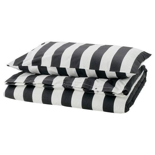 SLÅNHÖSTMAL Duvet cover and pillowcase, black/white/striped, 150x200/50x80 cm