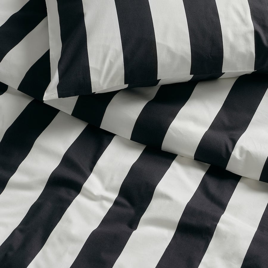 SLÅNHÖSTMAL Duvet cover and pillowcase, black/white/striped, 150x200/50x80 cm