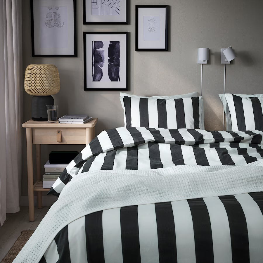 SLÅNHÖSTMAL Duvet cover and pillowcase, black/white/striped, 150x200/50x80 cm