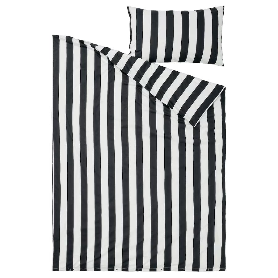 SLÅNHÖSTMAL Duvet cover and pillowcase, black/white/striped, 150x200/50x80 cm