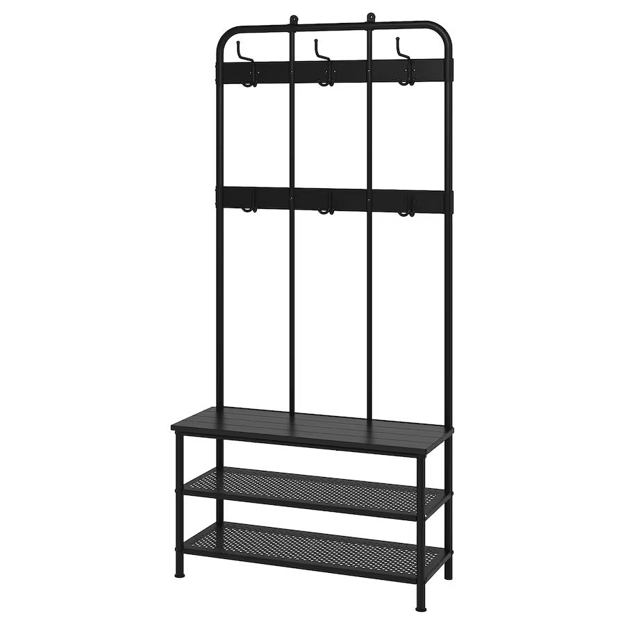 PINNIG Coat rack with shoe storage bench, black, 193x37x90 cm