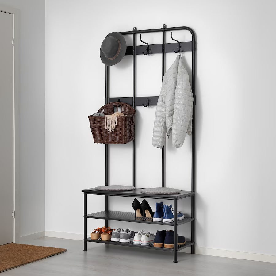 PINNIG Coat rack with shoe storage bench, black, 193x37x90 cm