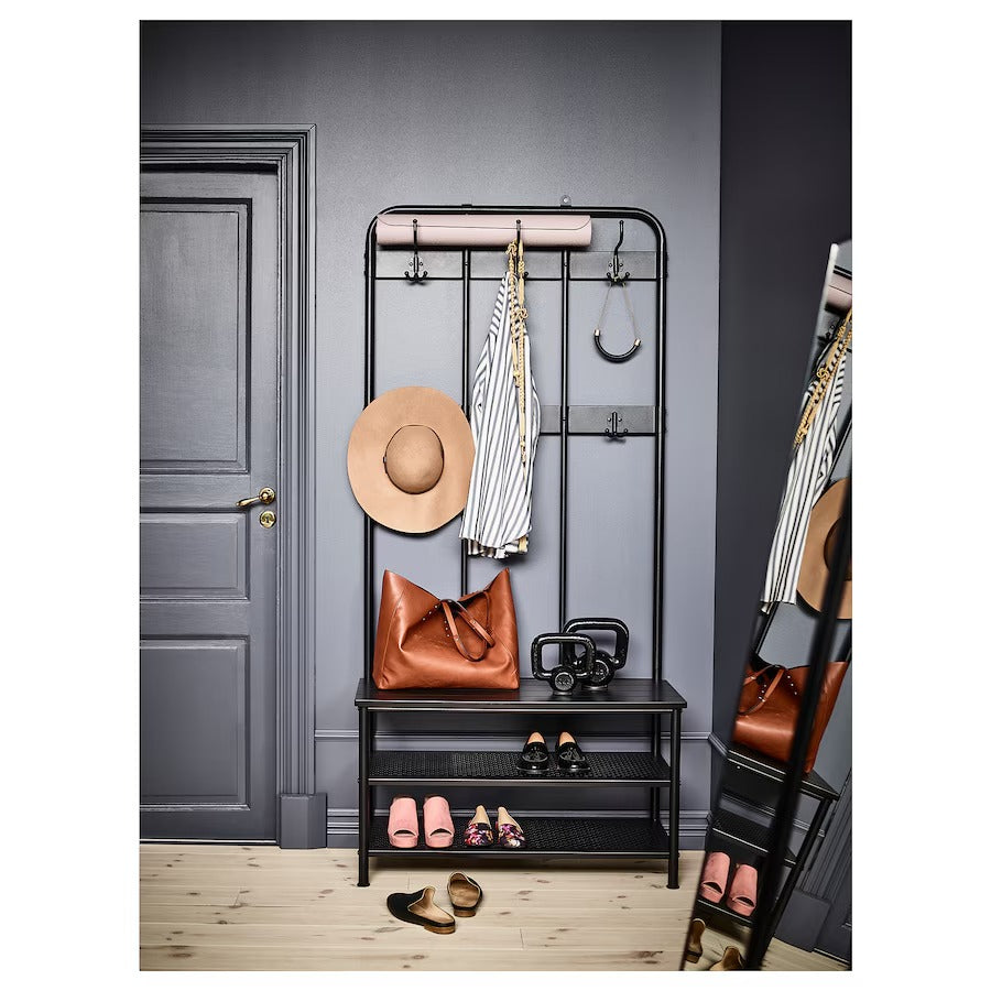 PINNIG Coat rack with shoe storage bench, black, 193x37x90 cm