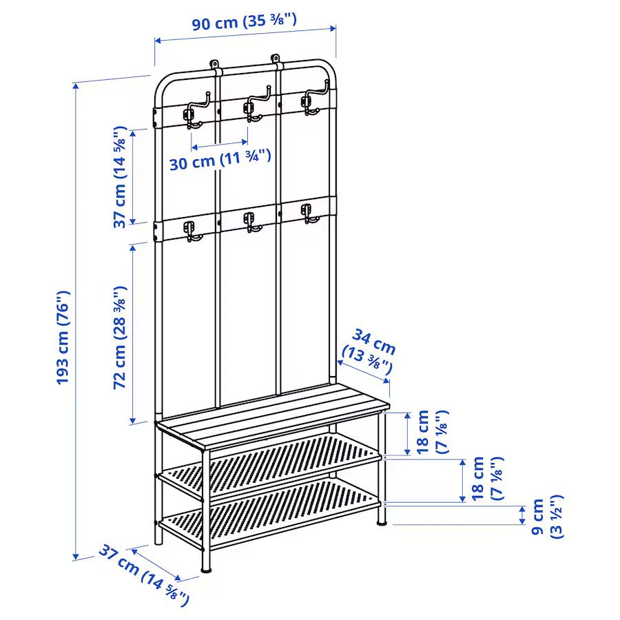 PINNIG Coat rack with shoe storage bench, black, 193x37x90 cm