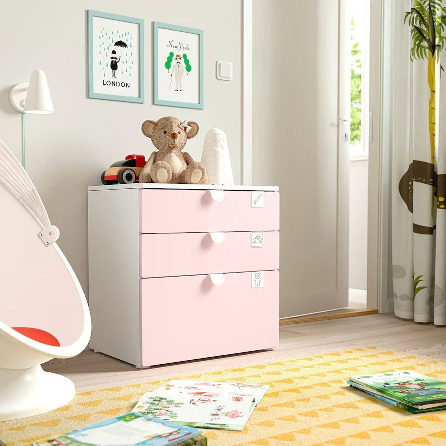 SMÅSTAD / PLATSA Chest of 3 drawers, white/pale pink, 60x42x63 cm