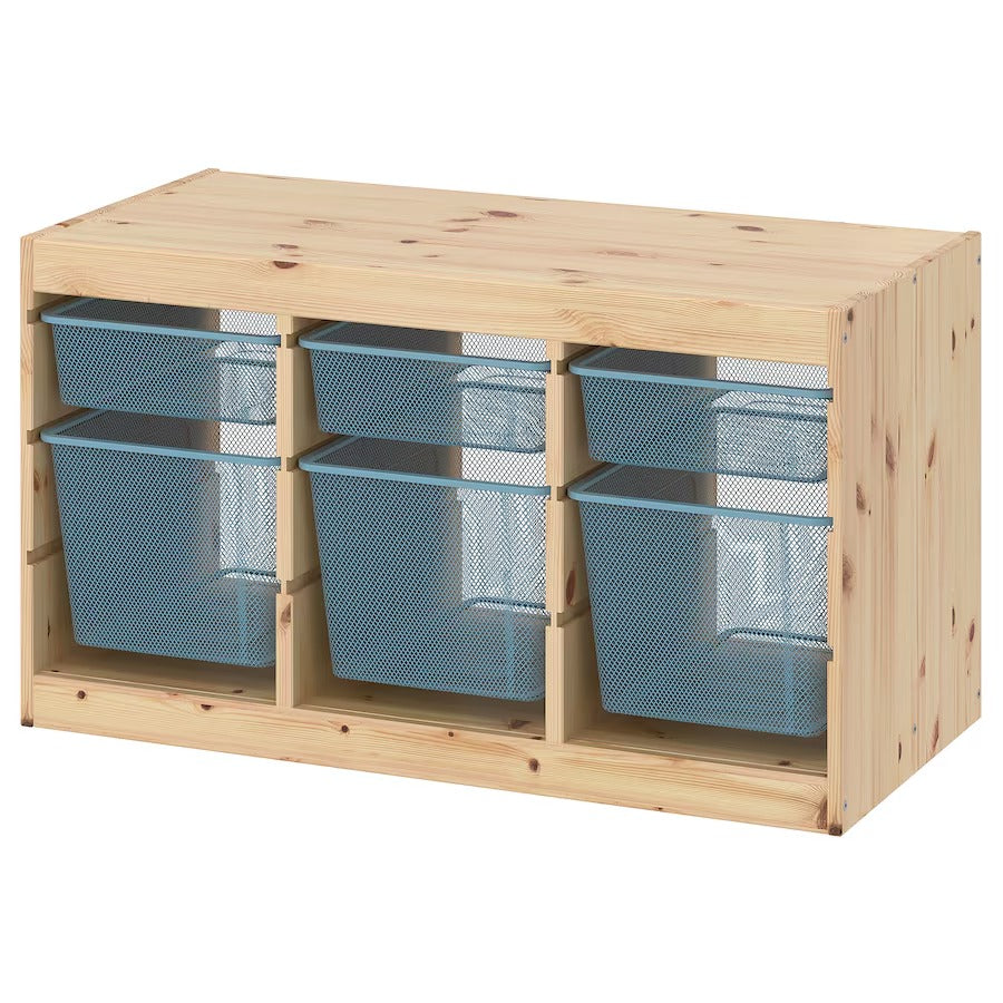 TROFAST Storage combination with boxes, light white stained pine/grey-blue, 93x44x53 cm