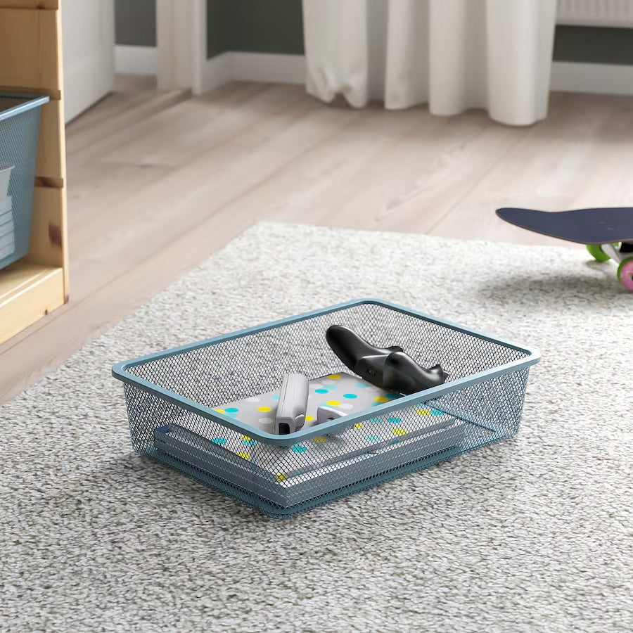 TROFAST Storage combination with boxes, light white stained pine/grey-blue, 93x44x53 cm