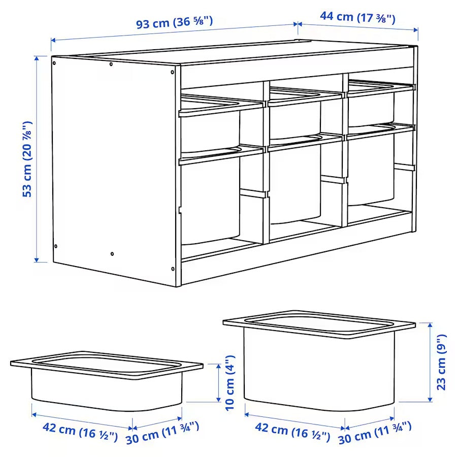 TROFAST Storage combination with boxes, light white stained pine/grey-blue, 93x44x53 cm