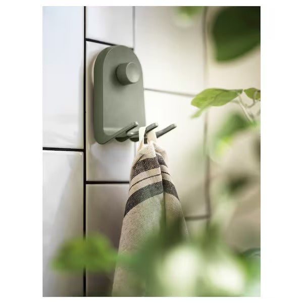 ÖBONÄS Triple hook with suction cup, grey-green, 7x11 cm