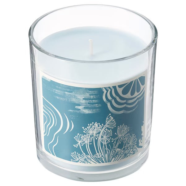 BUKETTAPEL Scented candle in glass, bergamot & cedarwood/pale green, 45 hr