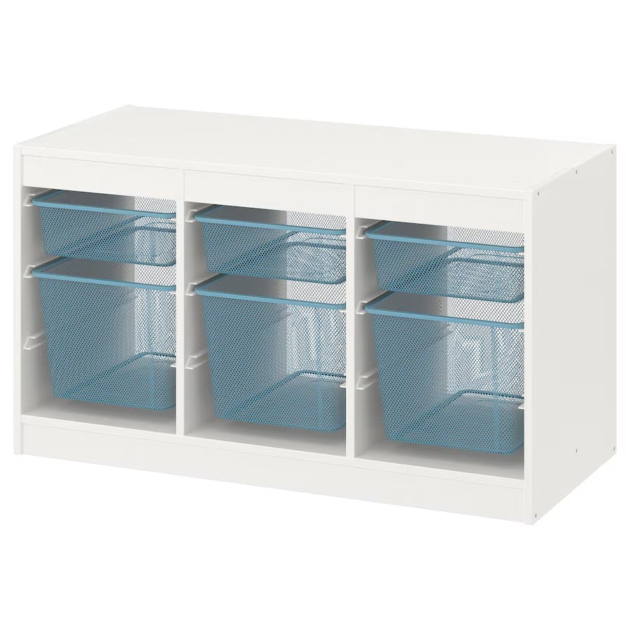 TROFAST Storage combination with boxes, white/grey-blue, 99x44x56 cm