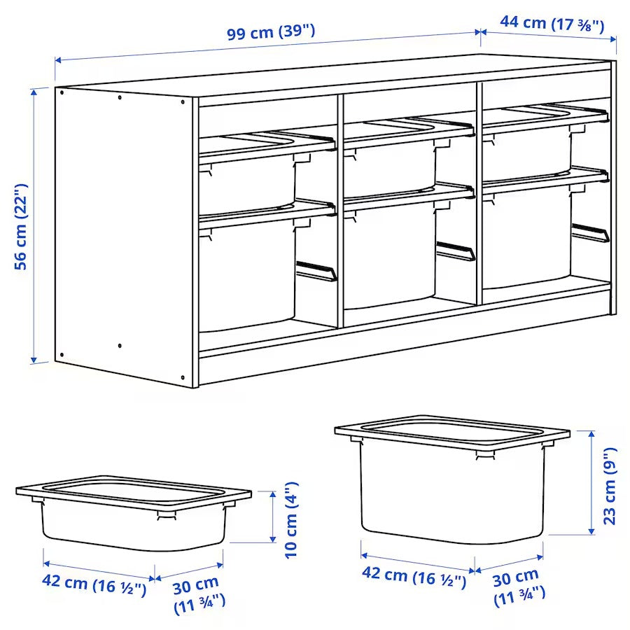 TROFAST Storage combination with boxes, white/grey-blue, 99x44x56 cm