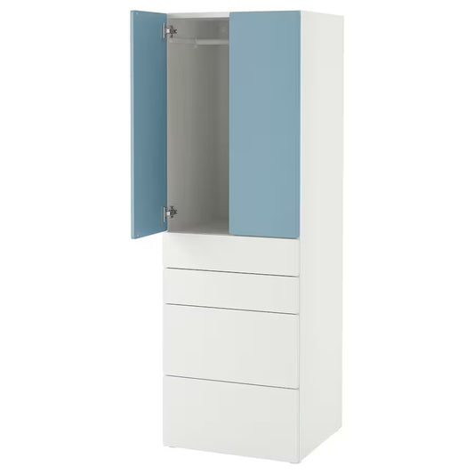 SMÅSTAD / PLATSA Wardrobe, white blue/with 4 drawers, 60x57x181 cm