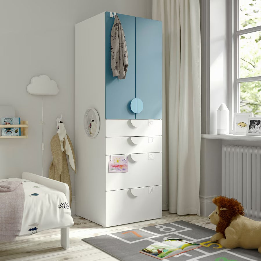 SMÅSTAD / PLATSA Wardrobe, white blue/with 4 drawers, 60x57x181 cm