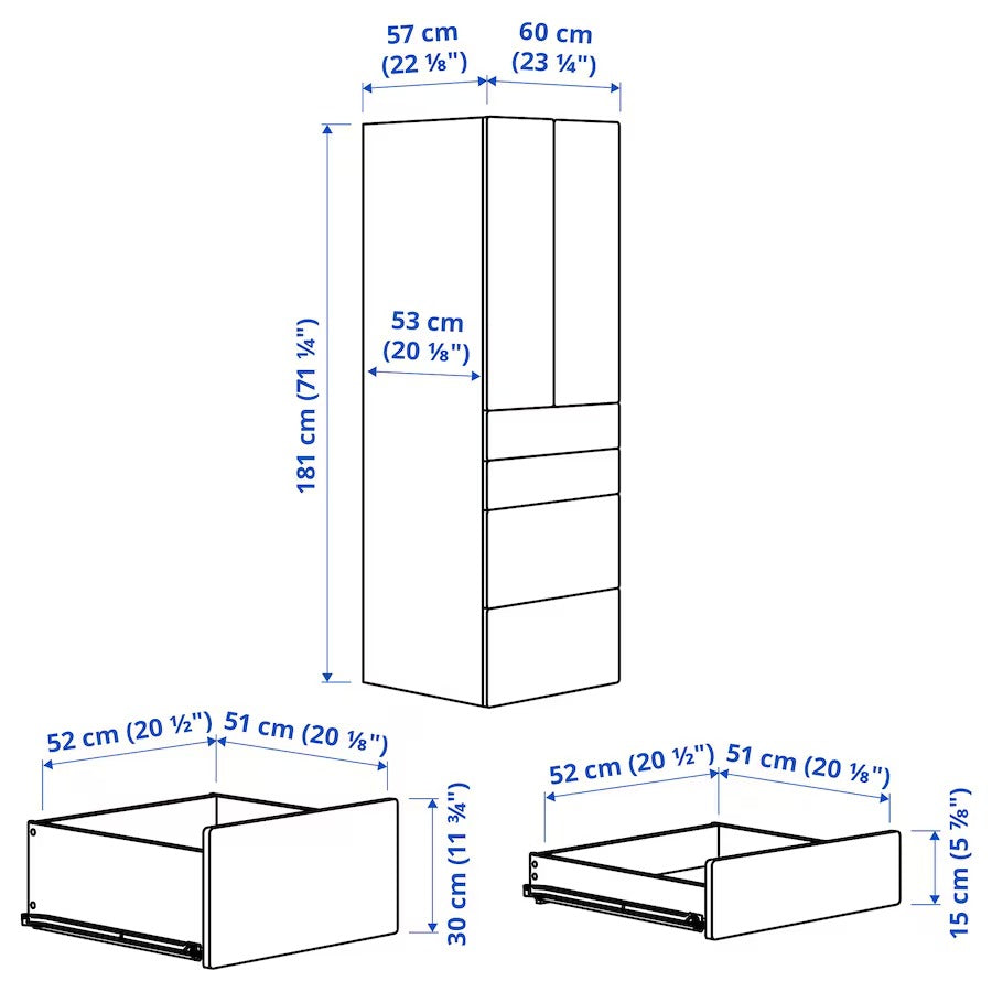 SMÅSTAD / PLATSA Wardrobe, white blue/with 4 drawers, 60x57x181 cm