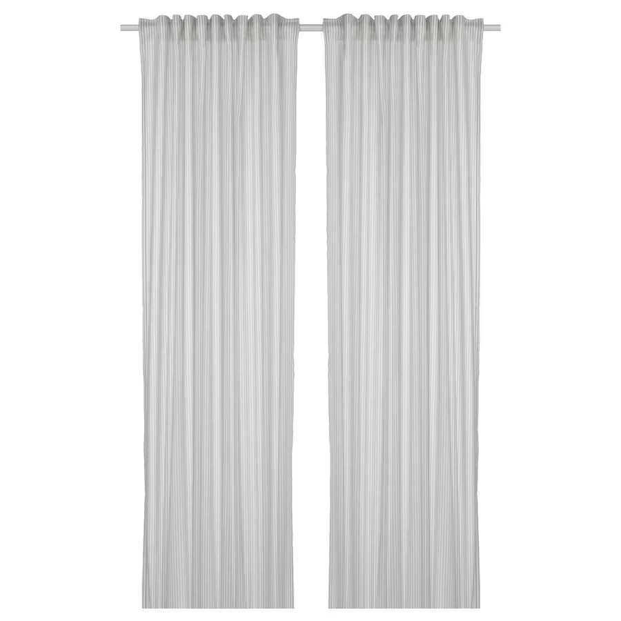 BYMOTT Curtains, 1 pair, white/light grey striped, 120x250 cm