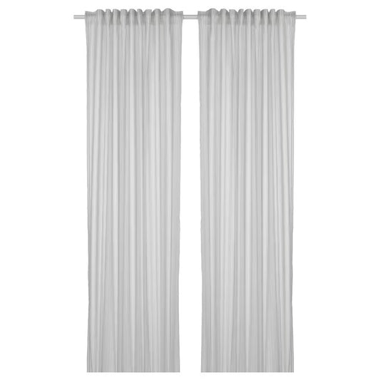 BYMOTT Curtains, 1 pair, white/light grey striped, 120x250 cm