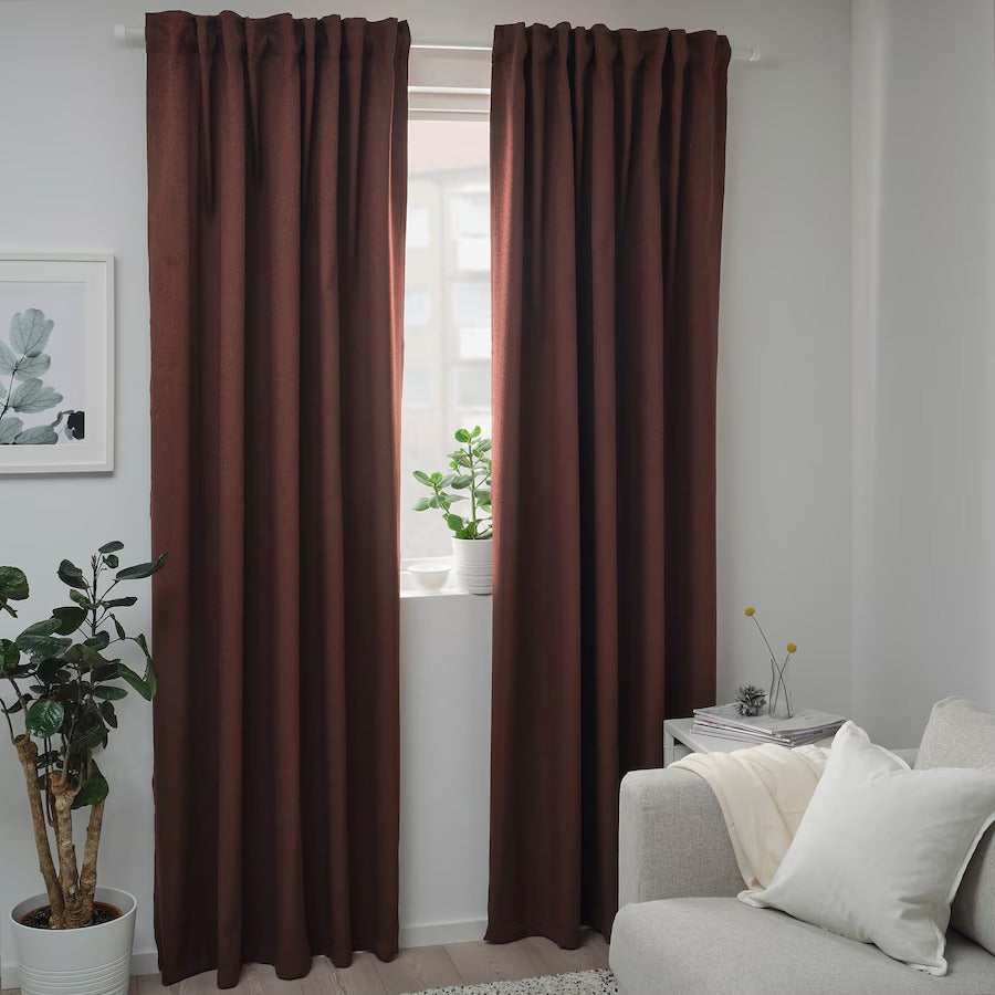 BLÅHUVA Block-out curtains, 1 pair, brown-red, 145x250 cm