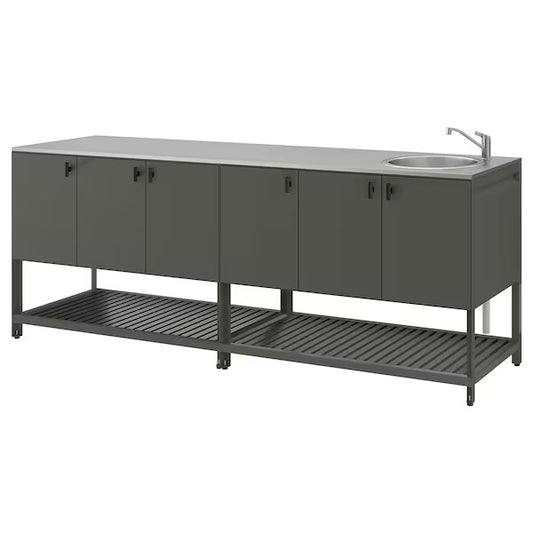 BÅTSKÄR Outdoor kitchen with sink unit, dark grey, 240x60 cm