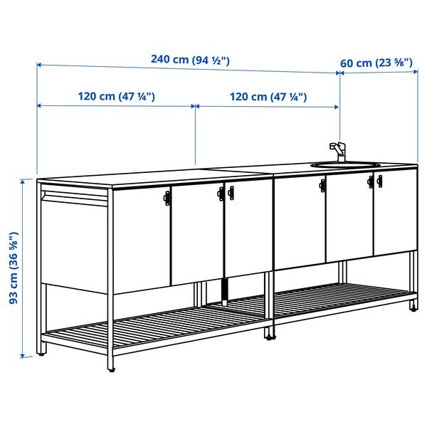 BÅTSKÄR Outdoor kitchen with sink unit, dark grey, 240x60 cm