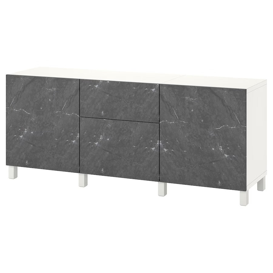 BESTÅ Storage combination with drawers, white Bergsviken/Stubbarp/black marble effect, 180x42x74 cm