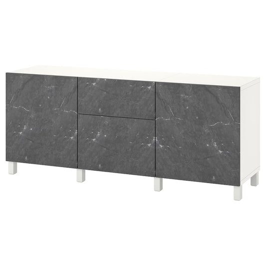 BESTÅ Storage combination with drawers, white Bergsviken/Stubbarp/black marble effect, 180x42x74 cm