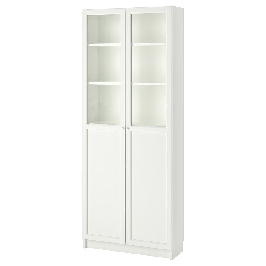 BILLY / OXBERG Bookcase with panel/glass doors, white, 80x30x202 cm