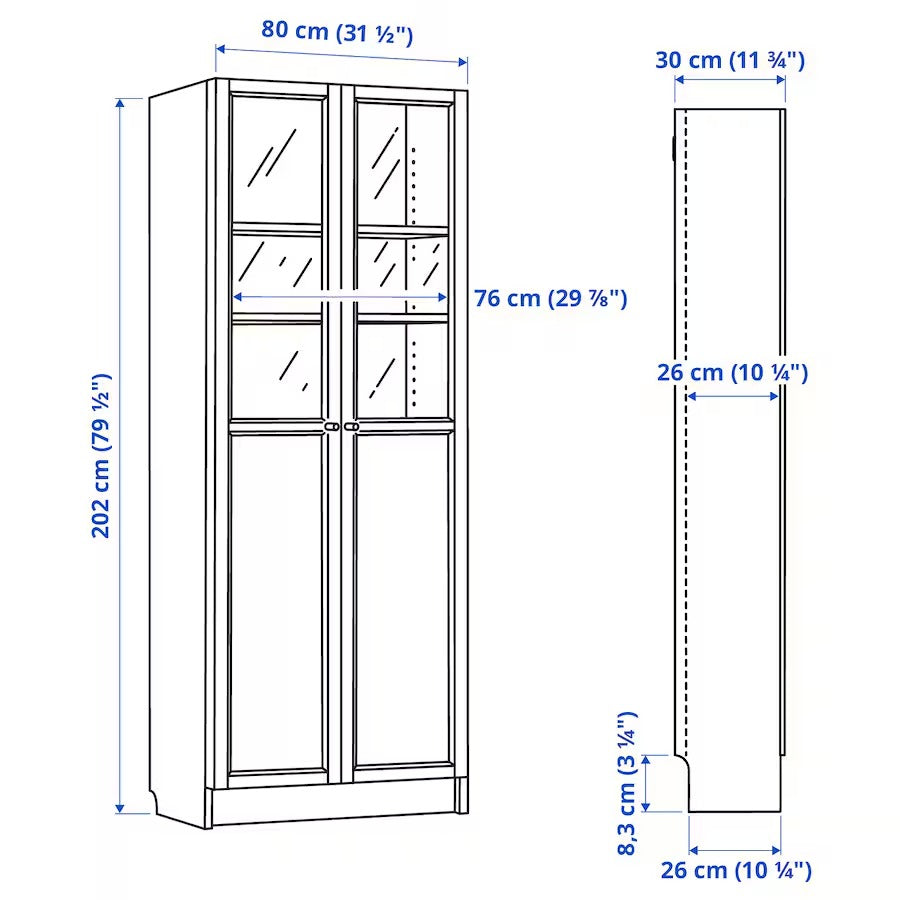 BILLY / OXBERG Bookcase with panel/glass doors, white, 80x30x202 cm