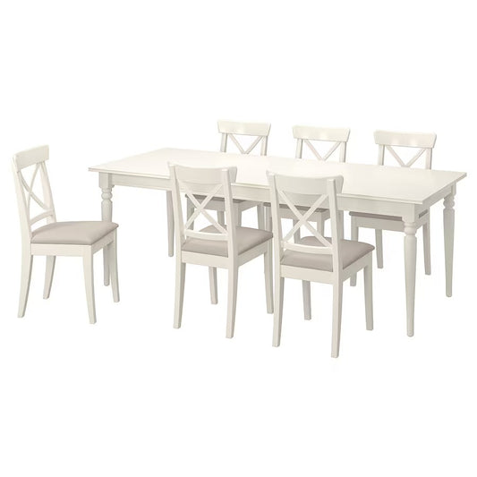 INGATORP / INGOLF Table and 6 chairs, white white/Hallarp beige, 155/215 cm