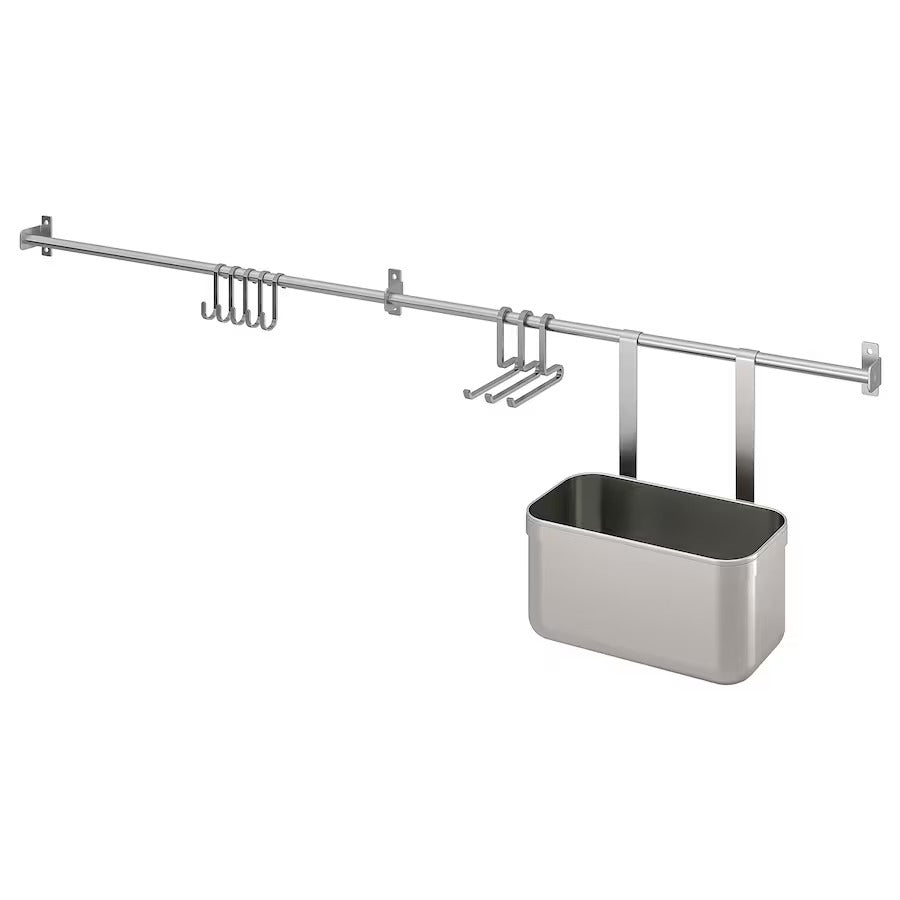 KUNGSFORS Rails with hooks and container, stainless steel, 112 cm