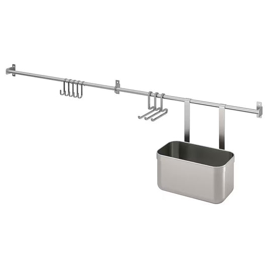 KUNGSFORS Rails with hooks and container, stainless steel, 112 cm