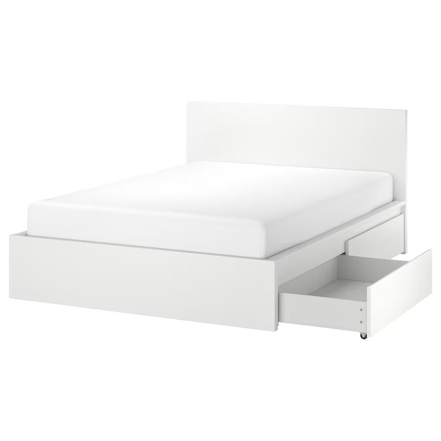 MALM Bed frame, high, w 2 storage boxes, white stained oak veneer/Luröy, 150x200 cm