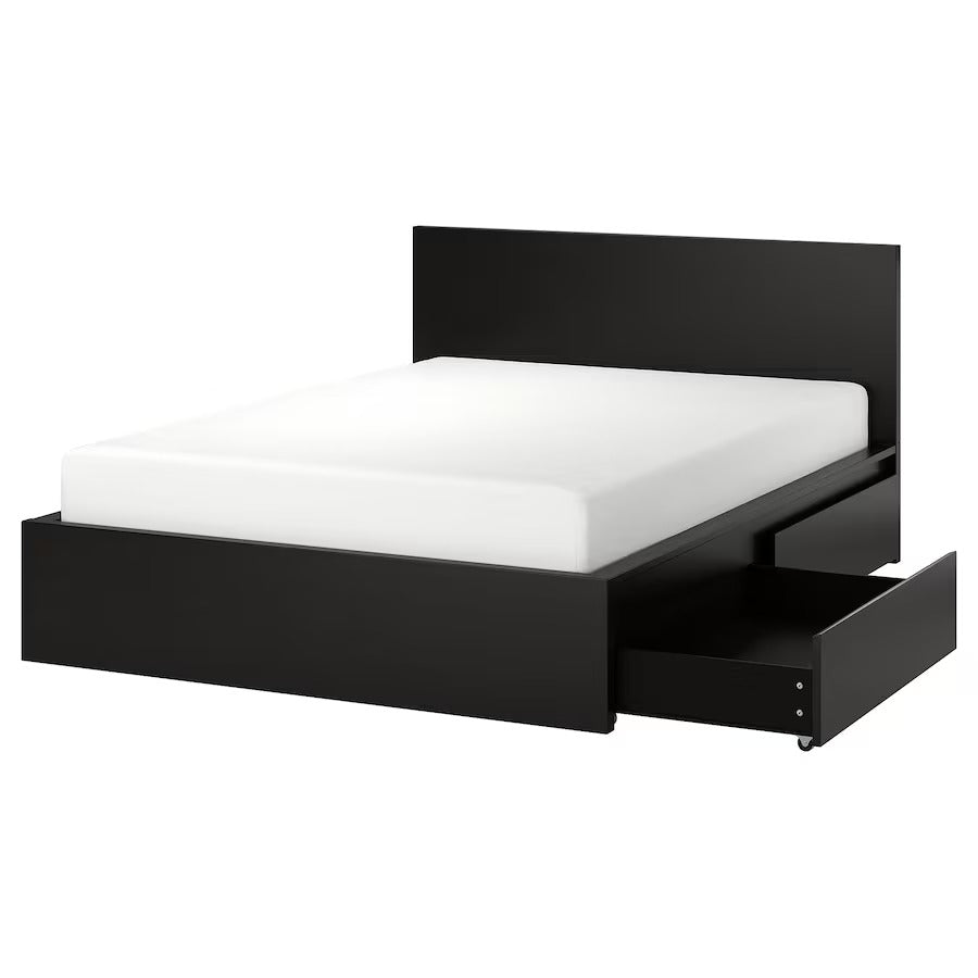 MALM Bed frame, high, w 2 storage boxes, white stained oak veneer/Luröy, 150x200 cm