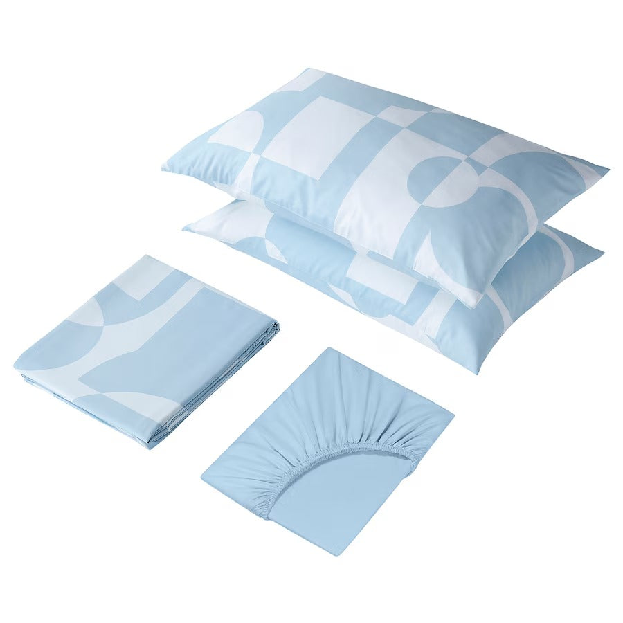 BRUKSVARA 4-piece bedlinen set, light blue/geometric, 240x220 cm