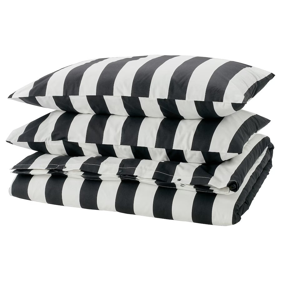 SLÅNHÖSTMAL Duvet cover and pillowcase, black/white/striped, 150x200/50x80 cm