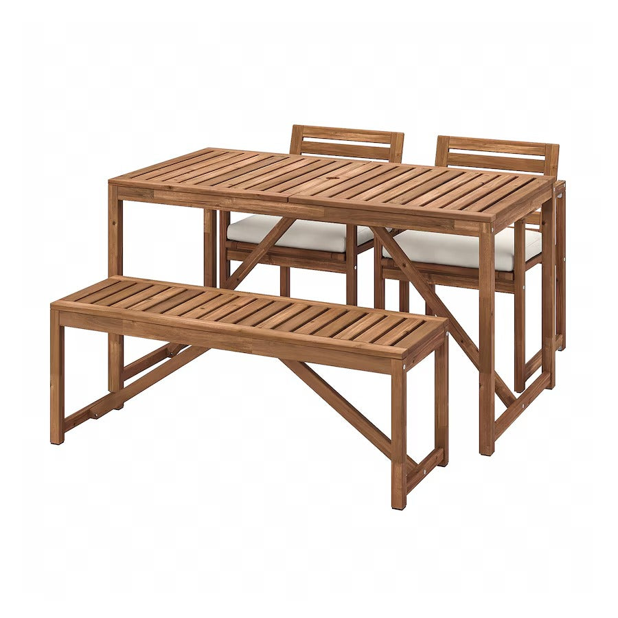 NÄMMARÖ Table+2 chairs+ bench, outdoor, light brown stained, 140 cm