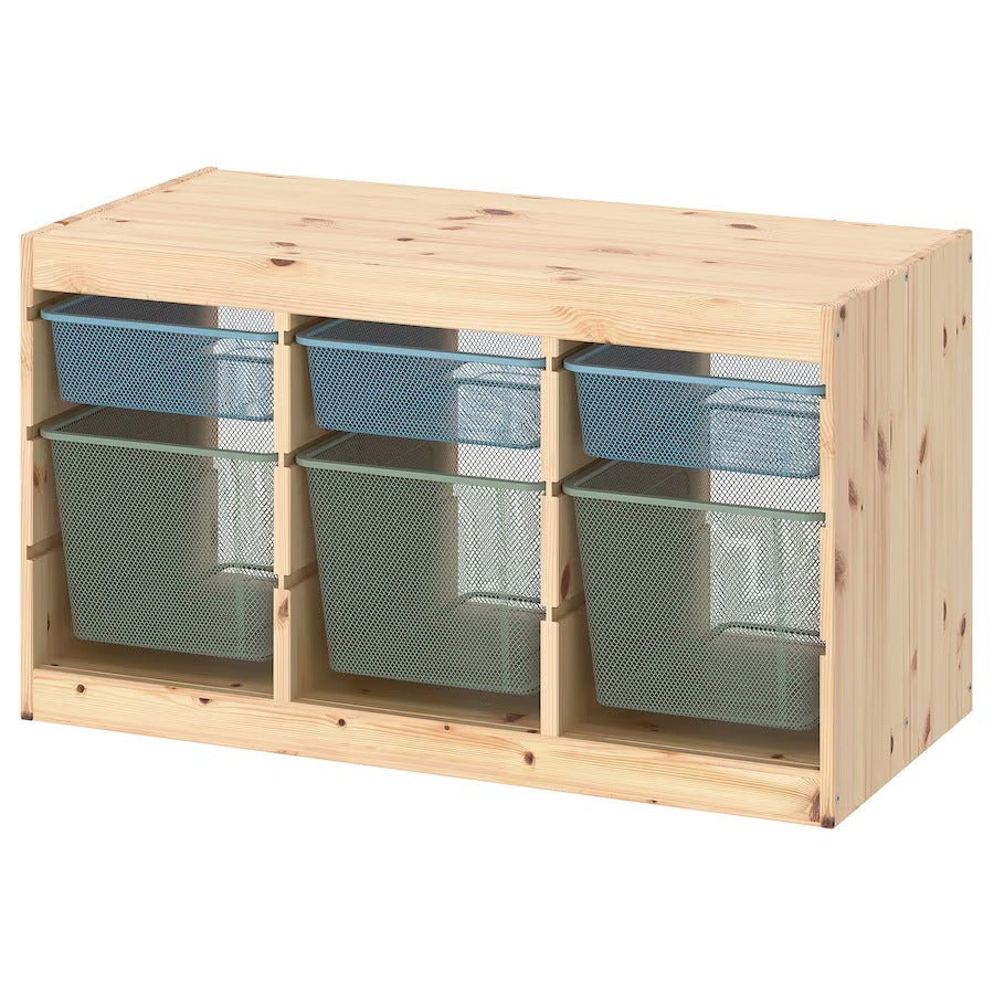 TROFAST Storage combination with boxes, light white stained pine/grey-blue, 93x44x53 cm