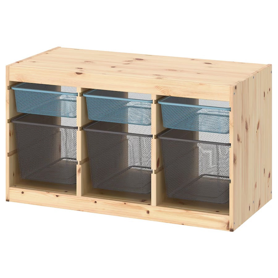 TROFAST Storage combination with boxes, light white stained pine/grey-blue, 93x44x53 cm