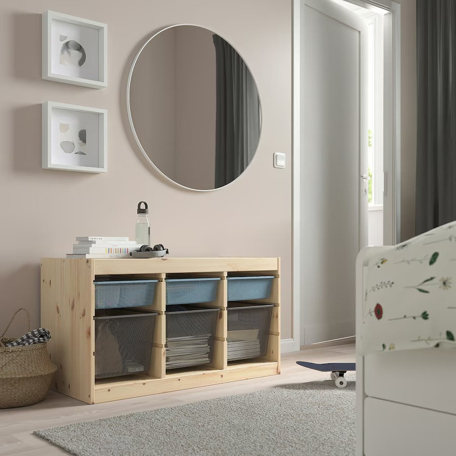 TROFAST Storage combination with boxes, light white stained pine/grey-blue, 93x44x53 cm