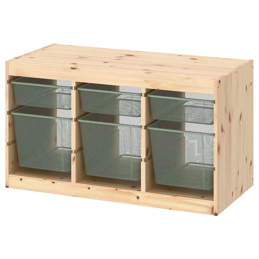 TROFAST Storage combination with boxes, light white stained pine/grey-blue, 93x44x53 cm