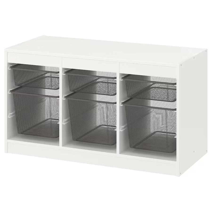 TROFAST Storage combination with boxes, white/grey-blue, 99x44x56 cm