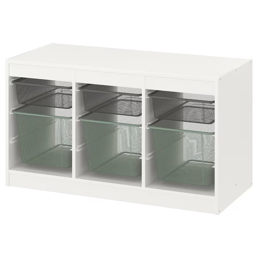 TROFAST Storage combination with boxes, white/grey-blue, 99x44x56 cm